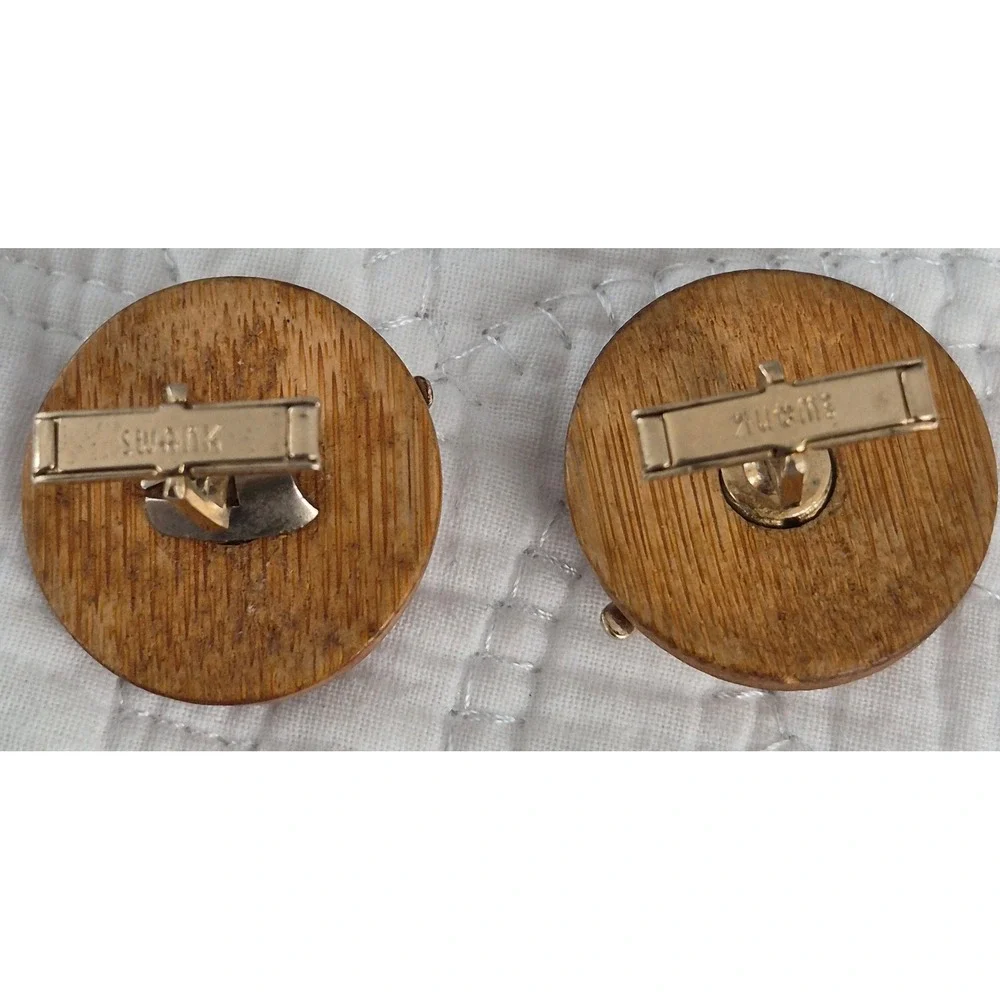 Vintage Swank Cufflinks Wood Gold Sailboat Nautical Boat Mid Century Jewelry